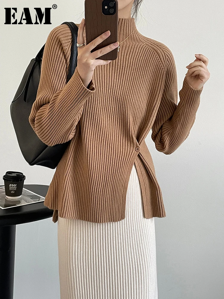 

[EAM] верблюжий плиссированный вязаный свитер с разрезом Водолазка с длинным рукавом женские пуловеры новая мода осень зима 2022 1DF2552