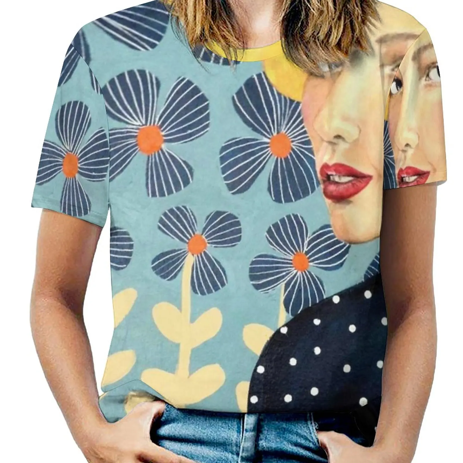 

Lucie Women T-Shirt Crewneck Casual Short Sleeve Tops Summer Tees Portrait Womens Face 1950 1960 Vintage Midcentury Pattern