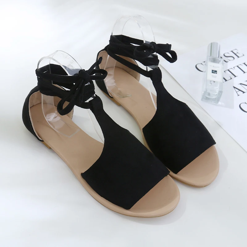 

Summer 2022 Women's Flat Gladiators Sandals Suede Flock Cross Lace Up Strap Sandles Lady Casual Office Party Mom Outside Shoes