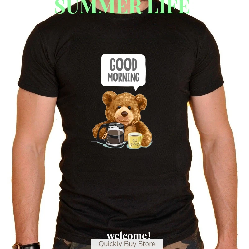 Модная футболка Тедди с надписью «Happy morning» для мужчин и женщин, дышащая свободная футболка, уличная летняя модная спортивная футболка с коротким рукавом