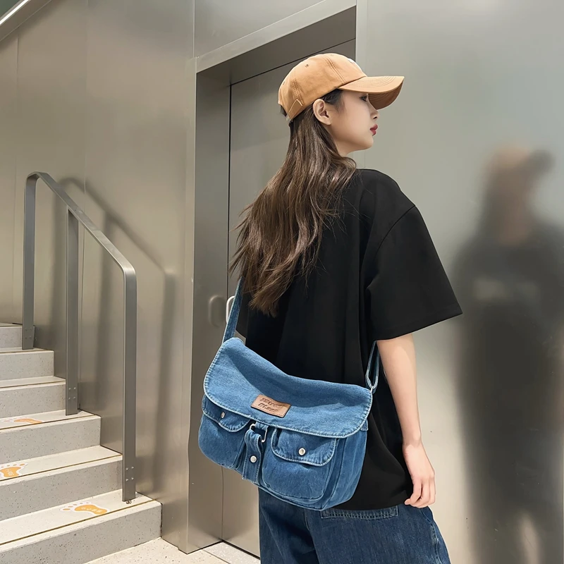 Dark Denim Flap Women's Bag Large Jeans Messenger Bag Y2K Canvas Shoulder Cross Bag Book Eco Bag Korean Shopper Satchel Pockets