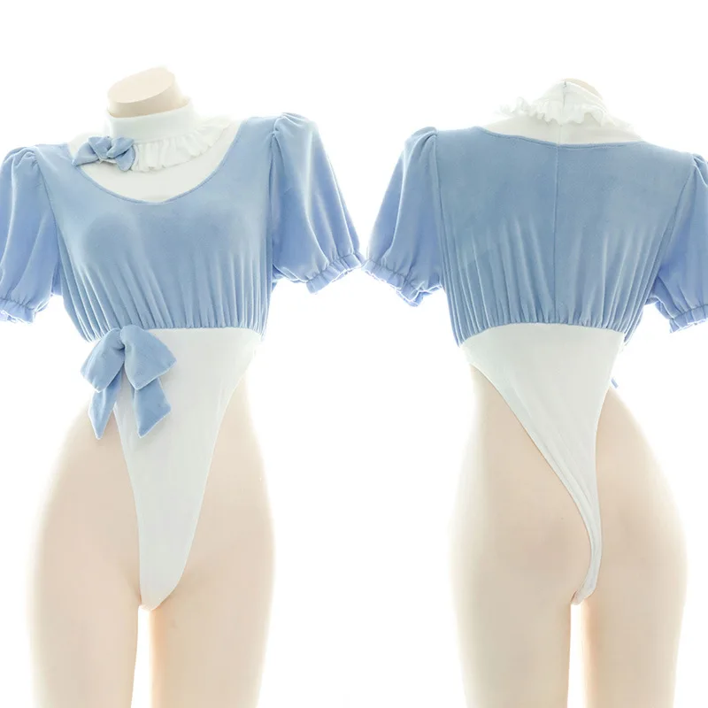 

Plush Stand Collar Women Sexy Bodysuit Lolita Velvet Cute Patchwork Kawaii Sleepwear For Girl Pajama Sweet High Slit Lingerie