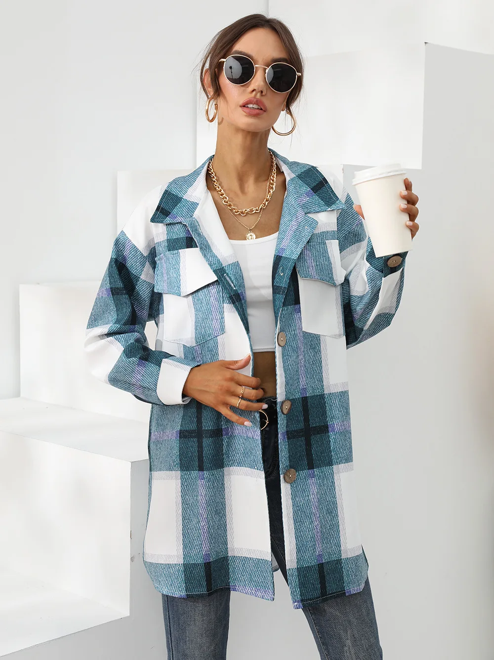 

Autumn and winter women's checked long-style lapel long-sleeved coat