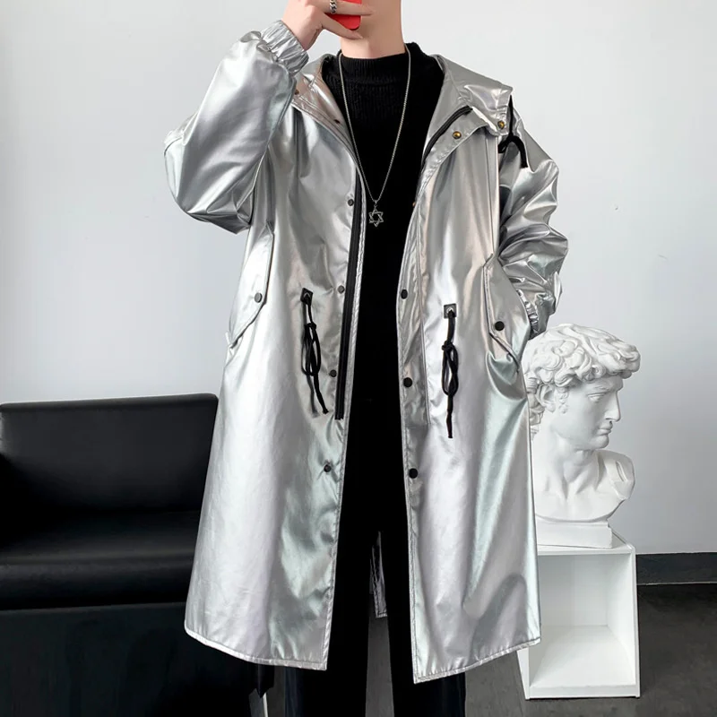 

#7057 Black Silver Faux Leather Trench Coat Men Loose Motorcycle Shiny Surface PU Windbreaker Men Hooded Casual Long Coat Loose