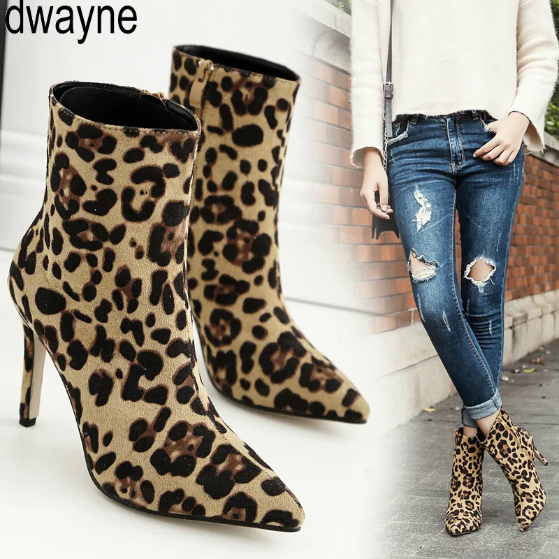 

Женские ботинки, зимняя обувь, модные леопардовые ботильоны на высоком каблуке, повседневная обувь с острым носком, женские туфли-лодочки на шнуровке, большие размеры, 89