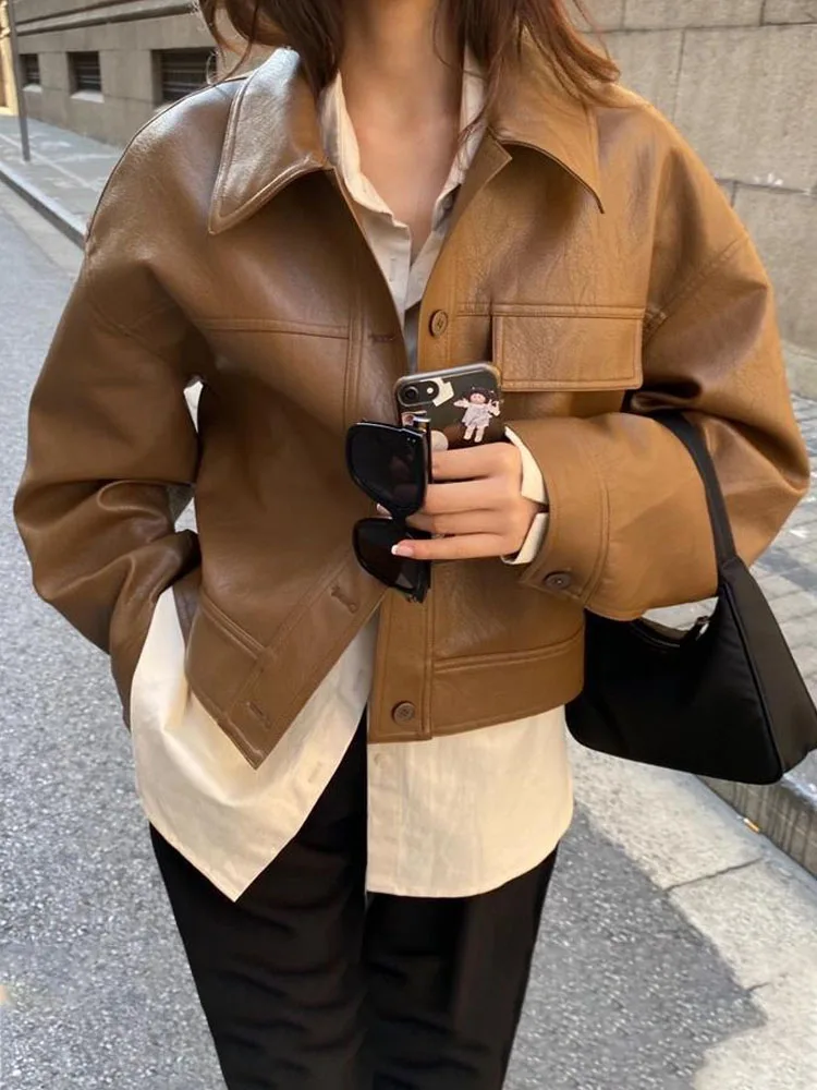 Vintage Button Leather Cropped Jacket Women Loose Korean Fashion Thin Biker Jacket Female Streetwear 2022 Autumn Chic Moto Coats