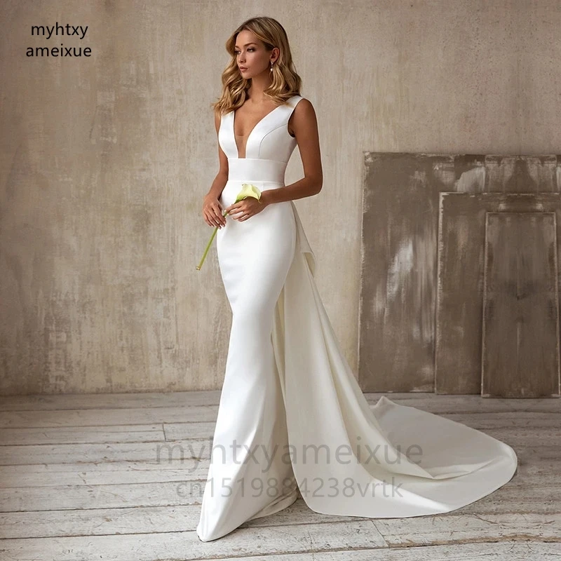 

Sexy New Elegant Mermaid Ivory Wedding Dresses 2022 Sleeveless Gowns V Neckline Bridal Back Out Bow Simple Vestido De Novia