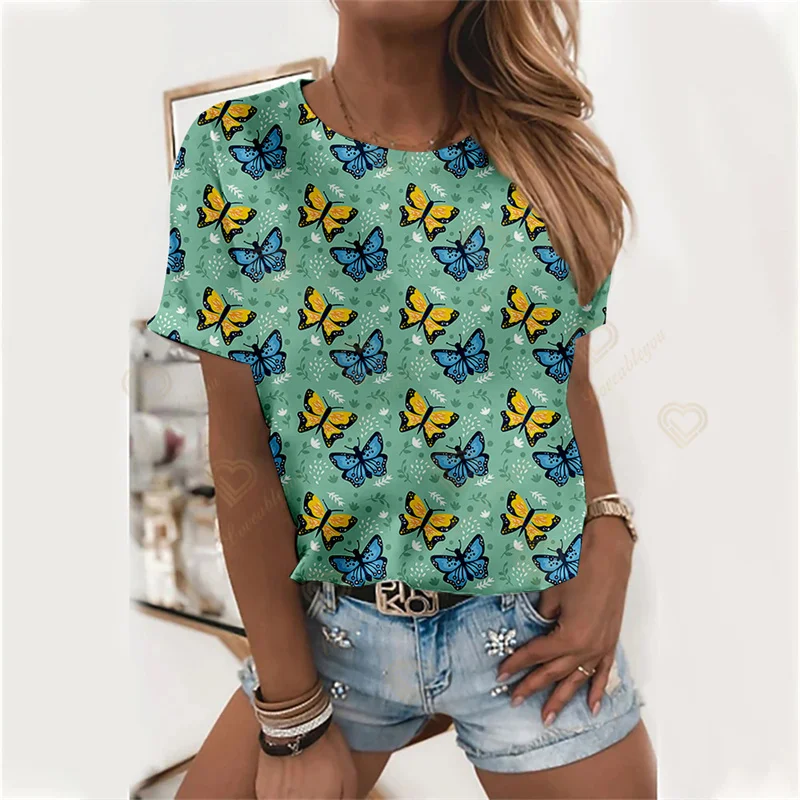 

2022 Women's Round Neck T-Shirt Butterfly Print Summer Fashion Wear Loose Short Sleeve Female Harajuku Pullover Streetwear Tops