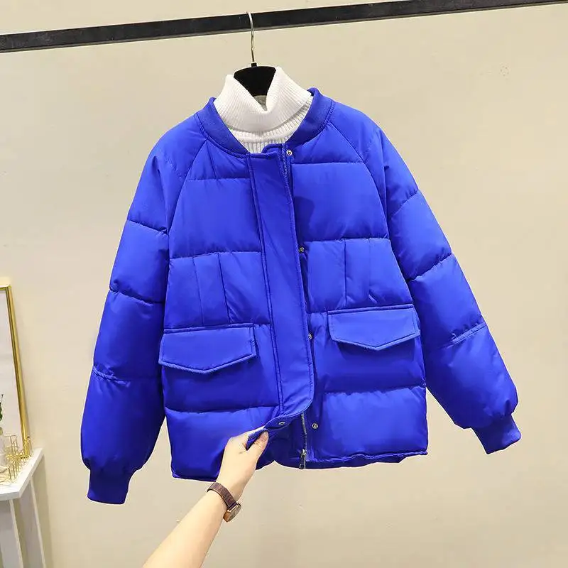 2022 Vintage Zipper Baseball Cotton Puffer Jacket  Thicken Warm Coat with Pocket Overcoat Women Winter New Korean Casual Loose