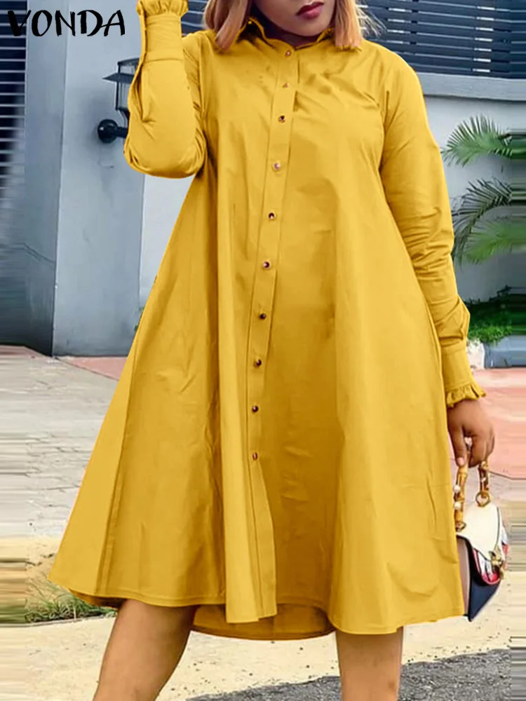 

VONDA женское платье-рубашка с длинным рукавом 2022, повседневное свободное плиссированное платье, Женский Однотонный сарафан с воротником с ла...