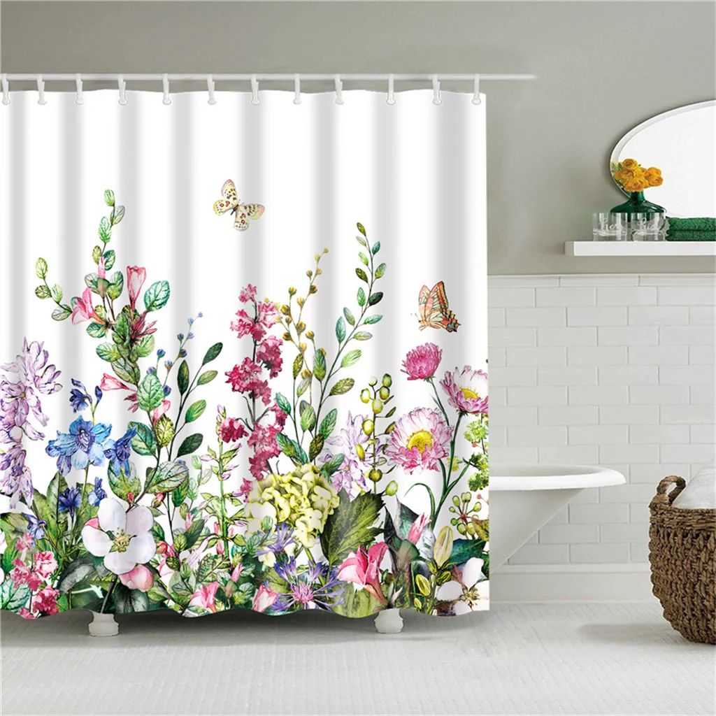 

Ready-made Flower Floral Green Cactus Leaf Waterproof Shower Curtains Transparant Plastic For Bathroom Sets Fabric Hooks Rings