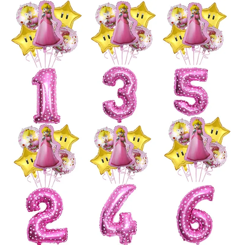 

6PCS Super Mario Balloon Set for Girls Peach Princess Series Numbers Balloons Kids Birthday Party Decoration Photo Props