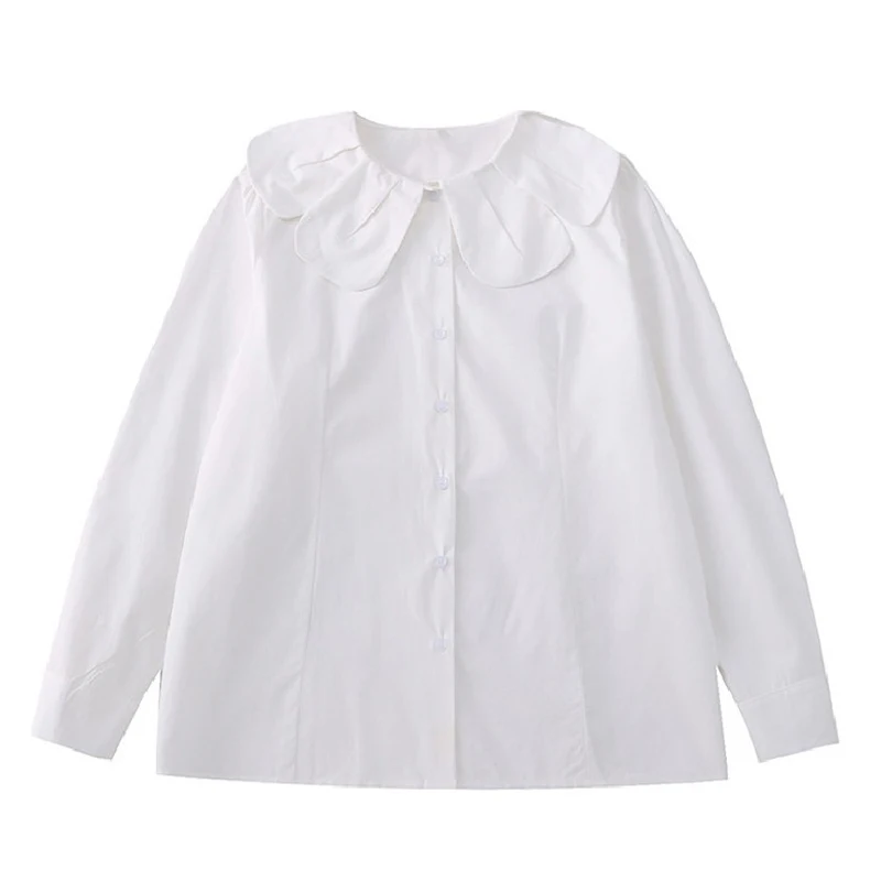 

Women's White Bottoming Shirt Spring New Petal Collar Long Sleeve Top Single Breasted Baby Shirt Blouses Одежда Рубашка Женская