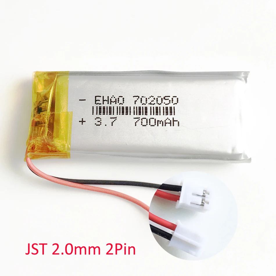 

3.7V 700mAh 702050 Lithium Polymer LiPo Rechargeable Battery + JST PH 2.0 2pin Plug For Mp3 headphone PAD DVD E-book bluetooth