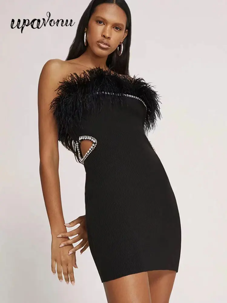 Sexy Summer Dress Women's Chest Wrapping Sleeveless Bodycon Feather Hollow Diamond Bandage Dresses Evening Party Mini Vesidos