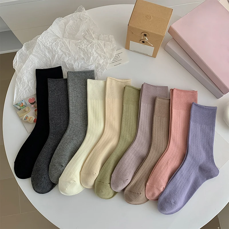 

Socks For Women Korean Style Autumn New Retro Solid Color Fashion Socks Female Breathable Crew Girls Plain Cotton Socks Simple