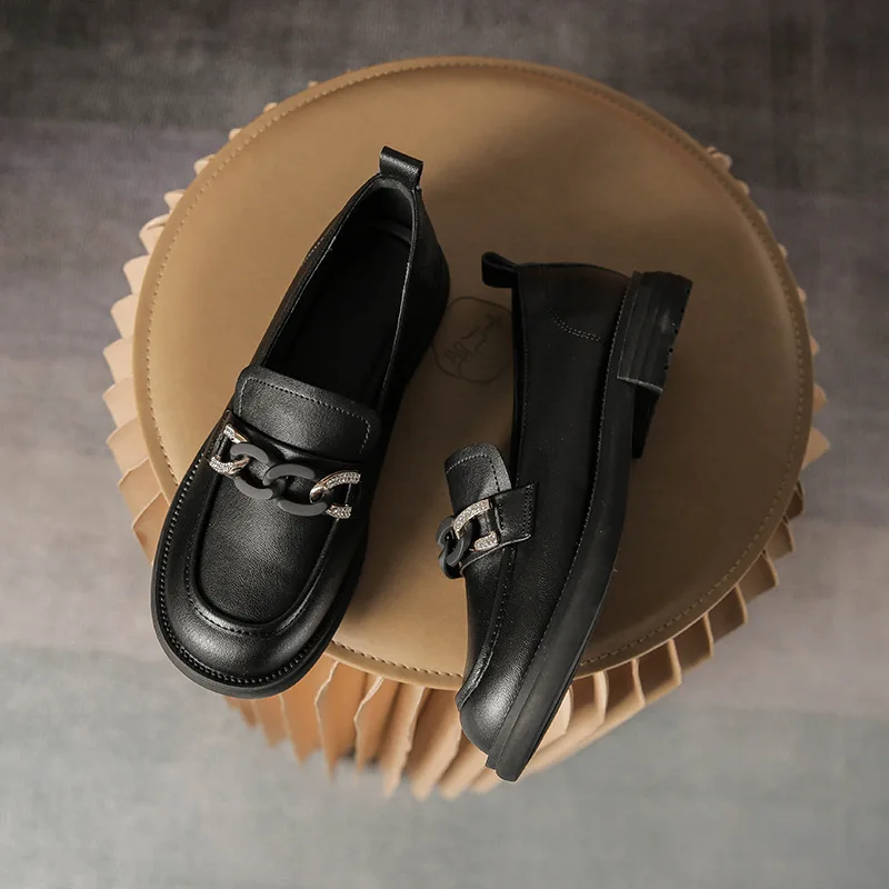 

3cm New Fashion Platform Low Heels Loafers Leather with Chains Ladies Dress Black Shoes for Women 39 40