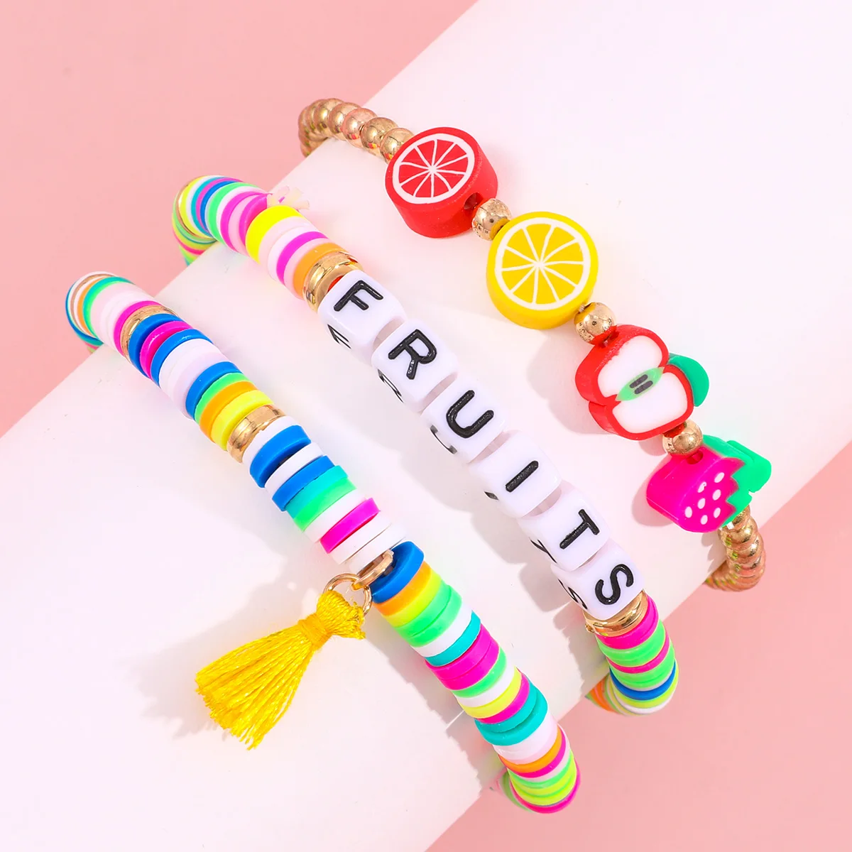 

3 Makersland Teen Children's Colorful Bracelet Lovely Fruit Polymer Clay Alphabet Bead Bracelet for Children's Jewelry Gift