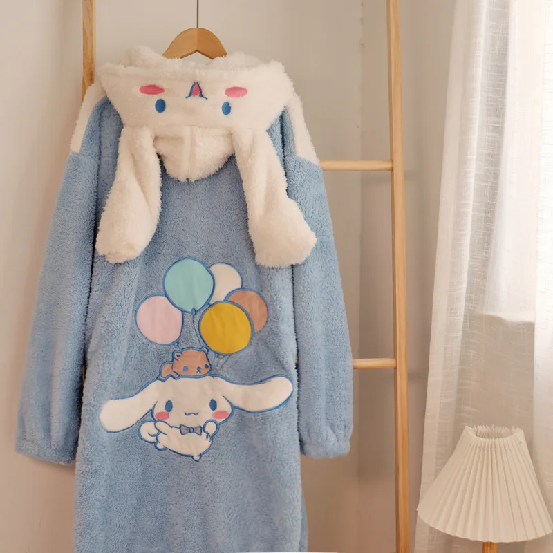Women Winter Warm Fleece Nightgown Cute Kawaii Sleepwear Cartoon Big Eared Dog Pajamas Set Homewear Thick Flannel Nightdress Set