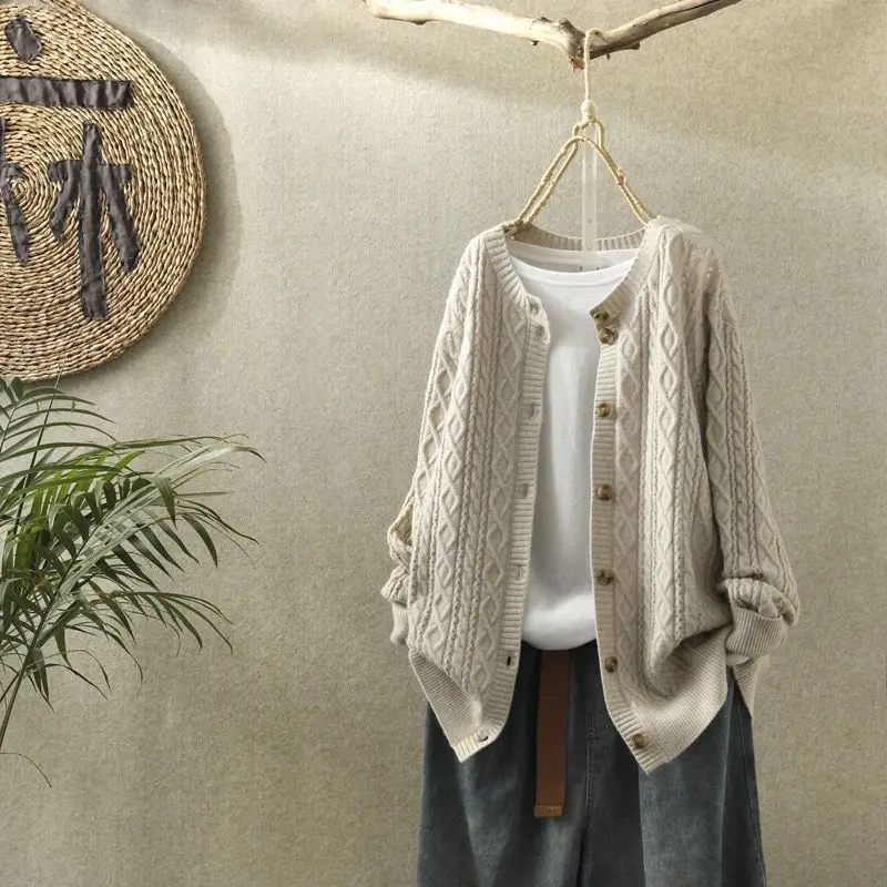 

Winter Sweater Jacket Women's Solid Cardigan Coat Autumn Retro Literary Round Neck Cardigan Long Sleeve Casual Knitted Sweater