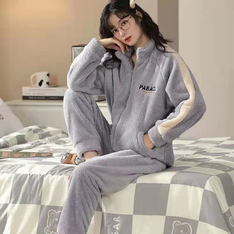 2022 New Women's Pajamas Sets Winter Thick Warm Flannel 2 Pieces/Sets Long Sleeve Trouser Suit Female Homewear Pijama