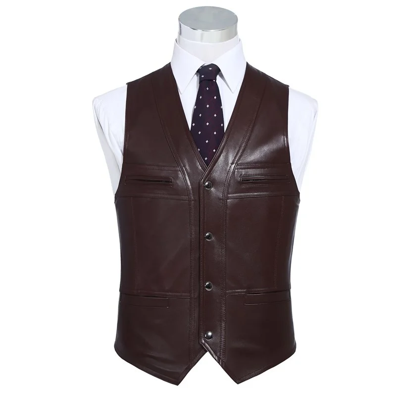 Men's Genuine Gentleman Business Casual Slim Fit Sheepskin Real Leather Waistcoat Tank Top Sleeveless Jacket Vest