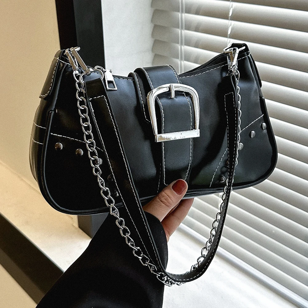 

Fashion Women Shoulder Bag Y2K Rivet Chain Underarm Bag Cool Style Trendy Rock Girls Handbag PU Leather Pleated Saddle Bags