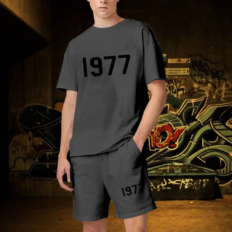 1977 Luxury 100% Cotton Men Short Sets Women Designer Clothes Graphic Oversized Harajuku y2k T Shirt Shorts Brand High Quality images - 6