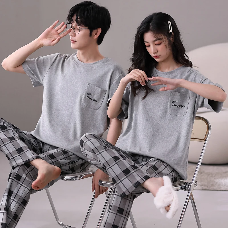 Summer Short Sleeve Pyjamas Lovers Cotton Couple Pajama Sets Women/Men Sleepwear Fashion Sport style Nightgown Home Clothes images - 6