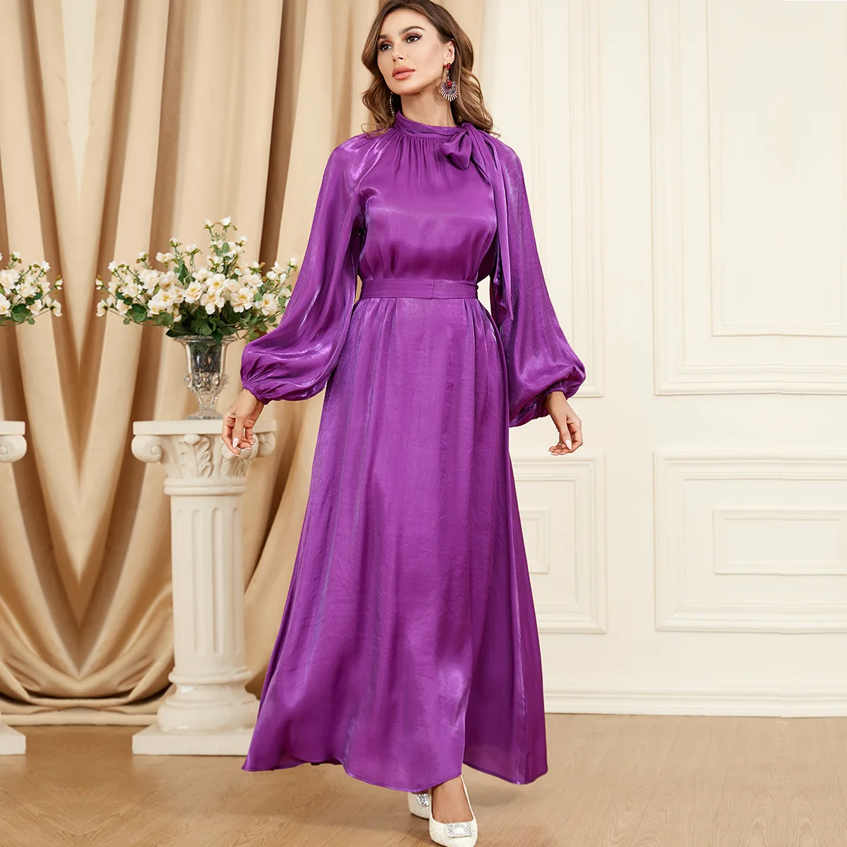 

Wepbel Fashion Islamic Clothing Abaya Robe Kaftan Lace-up Arabic Muslim Dress Women Solid Color Long Sleeve Maxi Party Dress