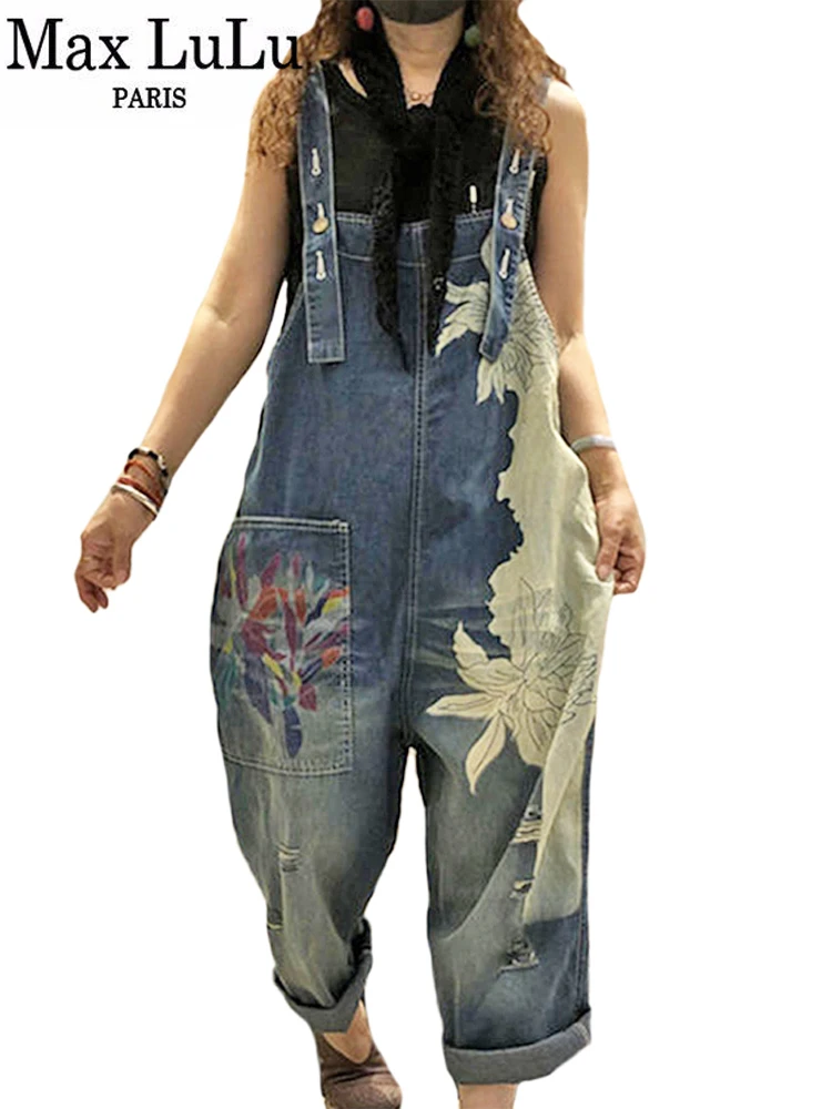 Max LuLu European Fashion Style Spring Female Printed Denim Overalls Ladies Vintage Casual Jeans Women Loose Trousers Wide Pants