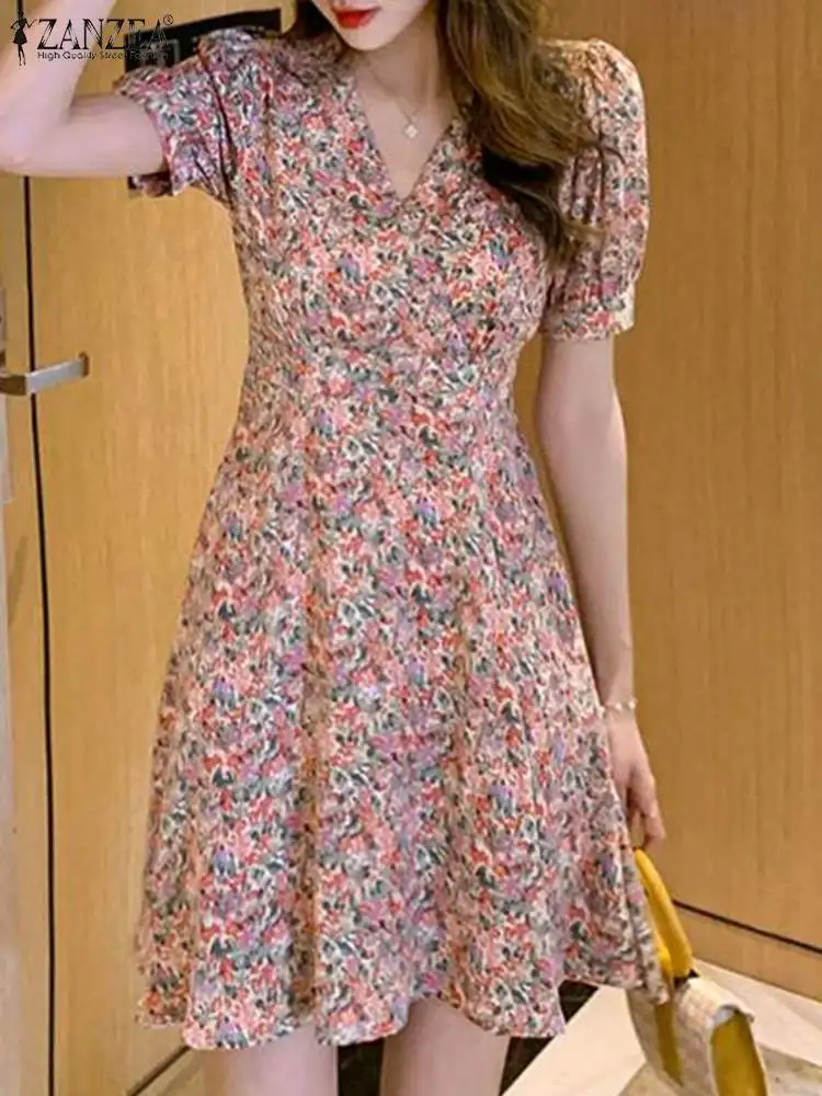 

Винтажный мини-халат ZANZEA с коротким рукавом, богемное платье с цветочным принтом, женский модный короткий сарафан с V-образным вырезом, повседневный халат с поясом