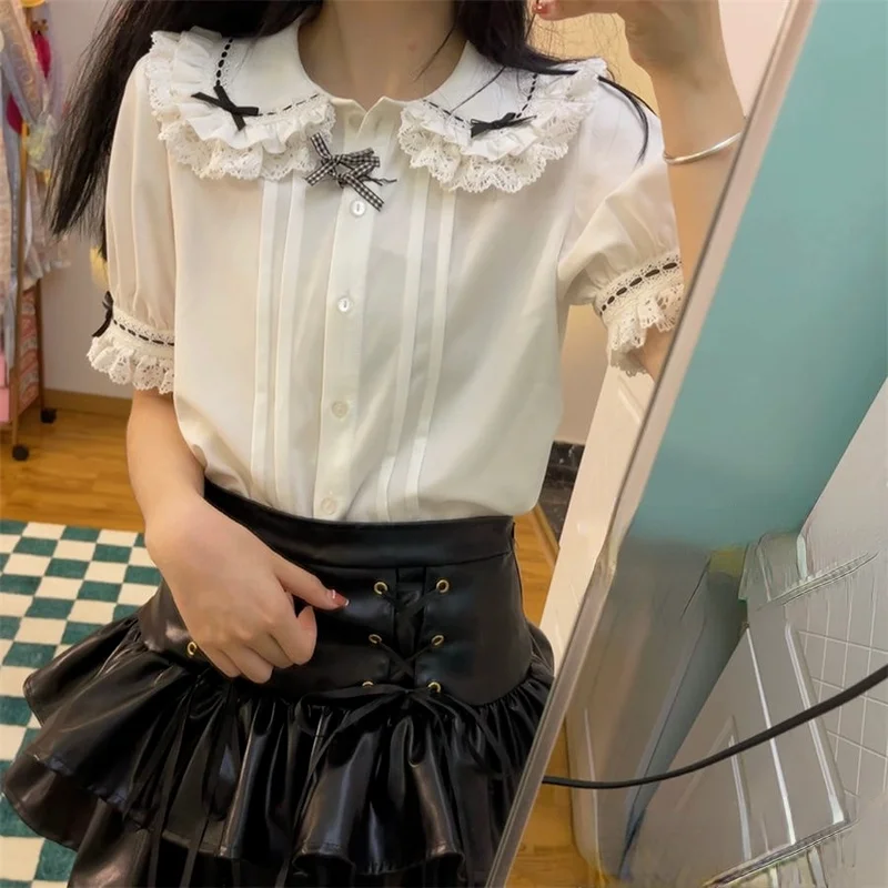 QWEEK Lolita Blouse White Button Up Shirt Peter Pan Collar Women Cardigan Lace Long Sleeve Soft Girl Tops Kawaii 2021 Fashion