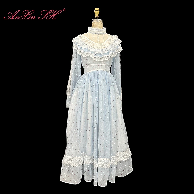 AnXin SH винтажное платье принцессы с синим цветочным кружевом ручной работы в