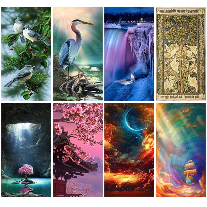 

DIY Diamond Painting Kits Bird Flower Tree Crane Moon Boat Diamond Mosaic Waterfall Rhinestone Embroidery Home Decor Mosaic Gift