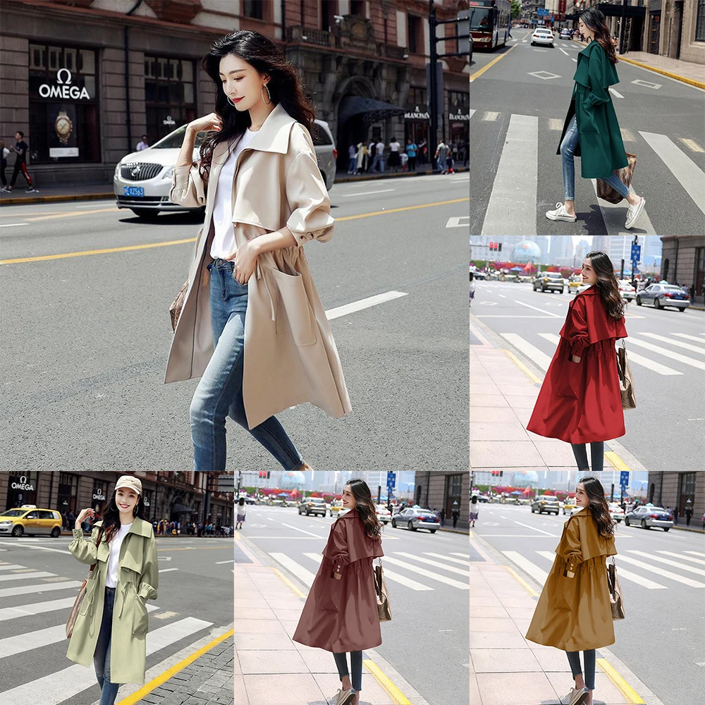 

Women's Windbreaker Autumn Solid Color Pocket Casual Long Sleeve Hooded Mid Length Windbreaker Jacket Coat Ladies Plus Size