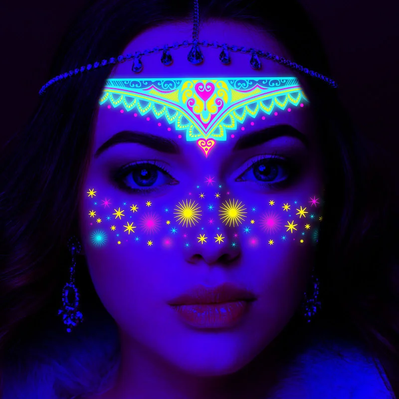 

Неоновые флуоресцентные наклейки на лицо для маскарада, вечеринки, водостойкие Светящиеся Татуировки для музыкального фестиваля, хипстерские Временные татуировки для украшения