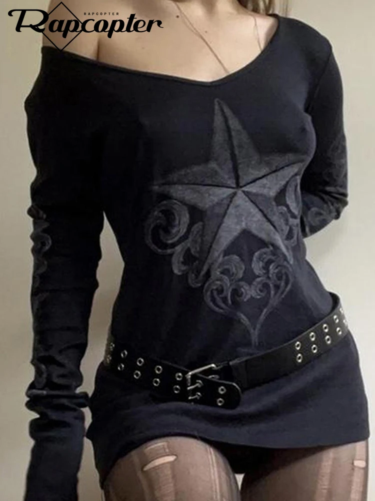 

Rapcopter y2k Star Printed Knitted T Shirt Full Sleeve Black Gothic V Neck Pullovers Women Grunge Korean Retro Fashion Tee Chick