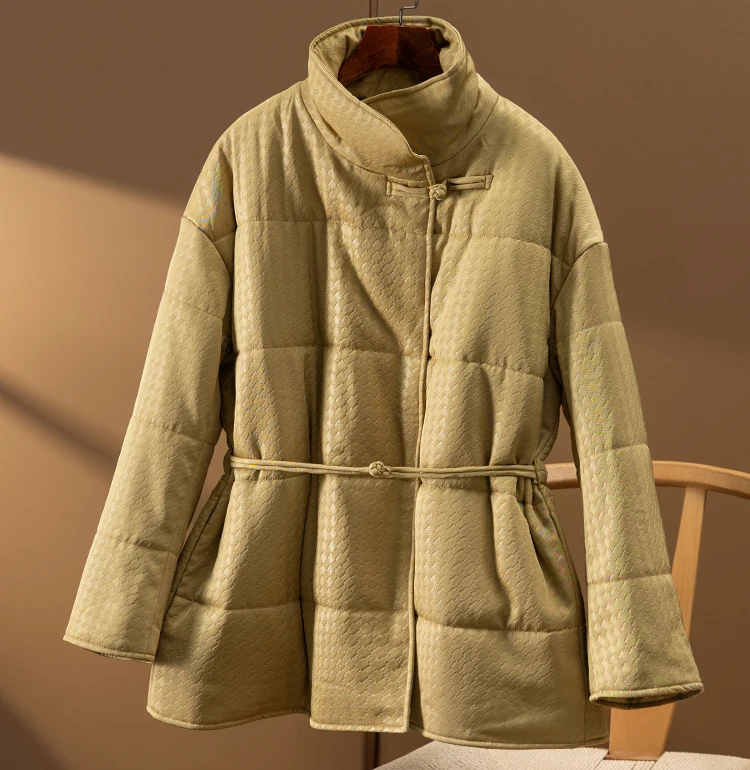 New Desin Stand Collar Parka Thin Winter Chinese Style Adjustable Waist Covered Button Wide-waisted Jackets Winter Coat Jacket