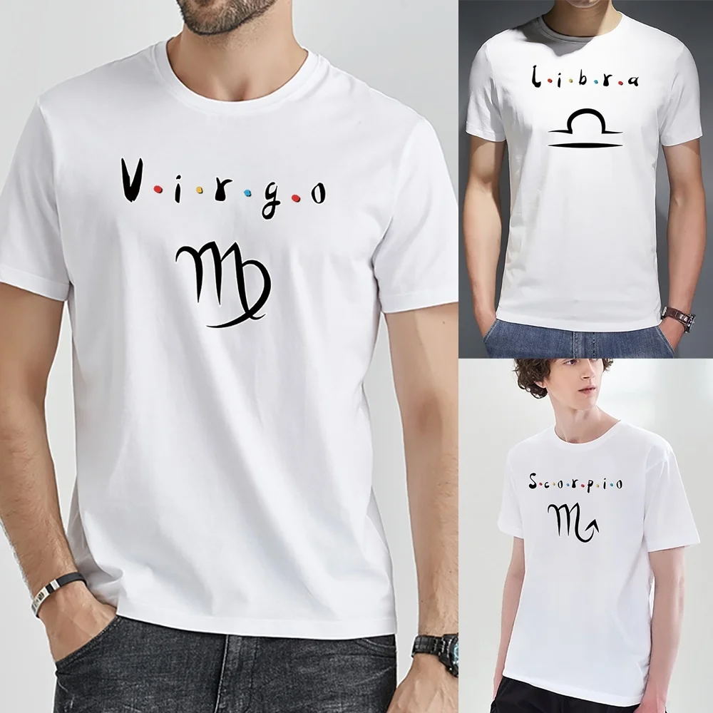 

T Shirt Men White Shirts Fashion Round Neck Short Sleeve Constellation Print T-Shirt Summer Tees Casual Top Commuter Streetwear