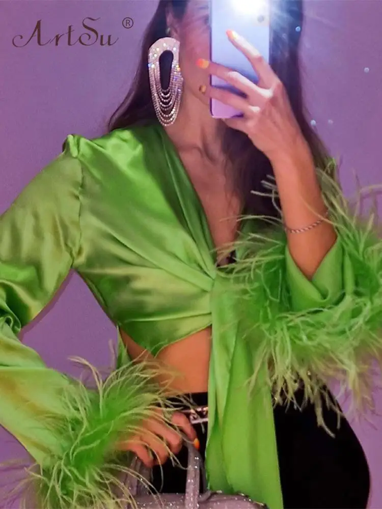 Кроп-Топ женский атласный с длинным рукавом и пушистыми перьями | Женская одежда