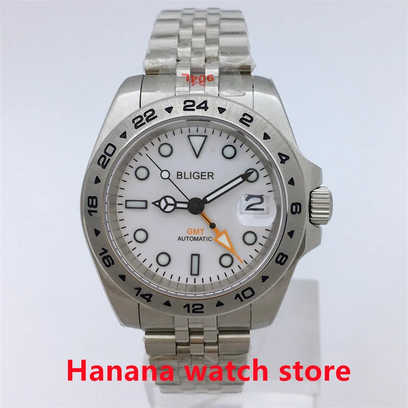 

BLIGER 40mm Silver case White Dial NH34 (GMT) Automatic Men's watch luminous Sapphire Glass 24 hour Fixed bezel Jubilee Bracele