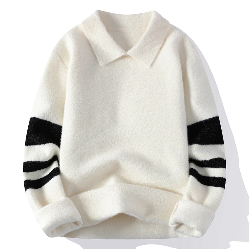

Sweater Male High-quality Men's Winter Striped Pullovers Autumn Lapel Casual Luxury Korean Classic Fashion New Long Sleeve 2023