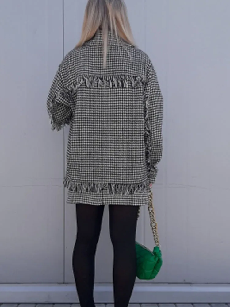 Women's Shirts JacKets Loose Blouses Femme Plaid Long Sleeves Houndstooth Spring Outwear Workwear New Design Mujer Blusas TRF