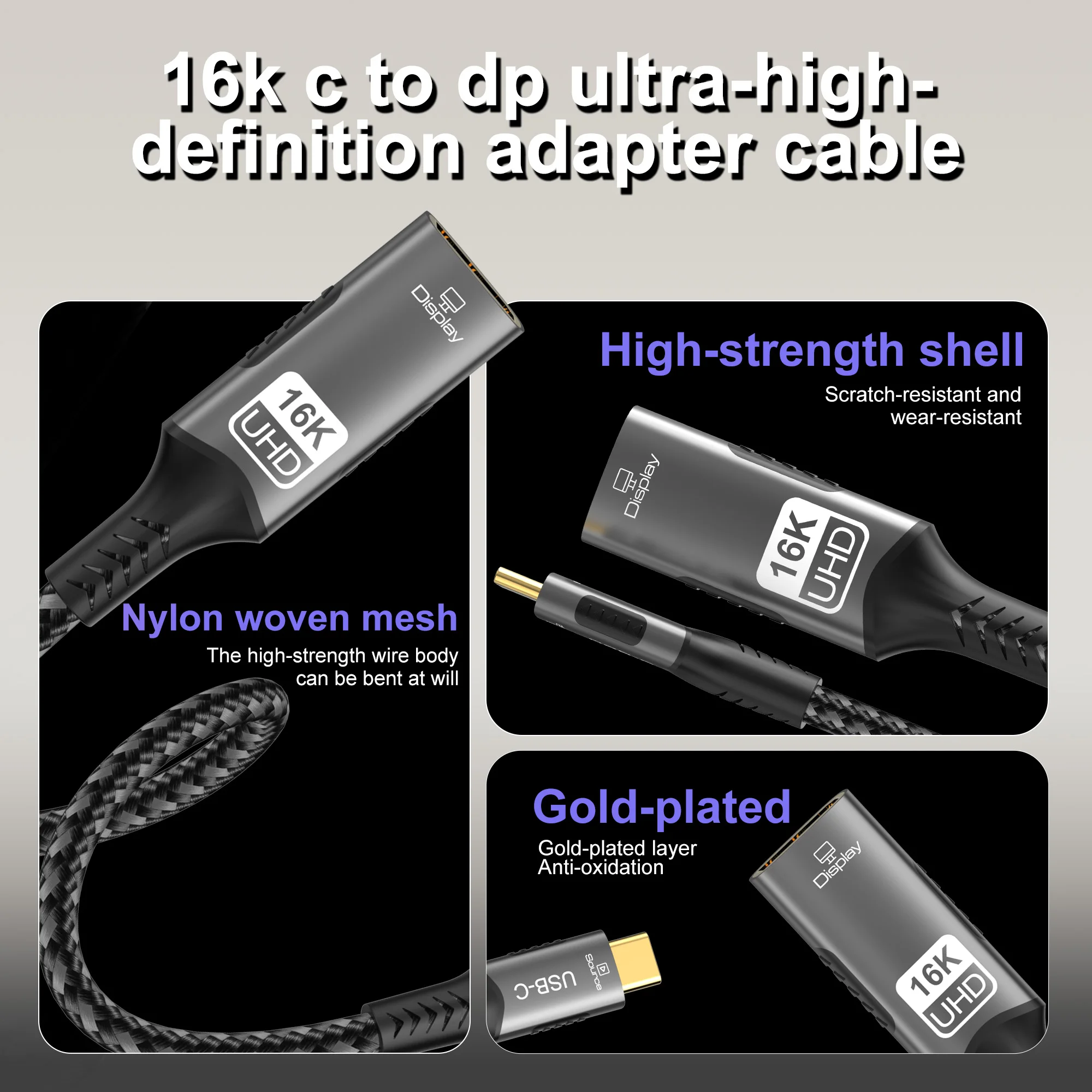 Кабель 16K Type C — DisplayPort Переходник USB C «папа» — «мама» DP 80 Гбитс (DSC) DP 2.1 для игрового монитора, ноутбука, ПК, ТВ (art.: 3920d0ca0e412) - 3920d0ca0e412