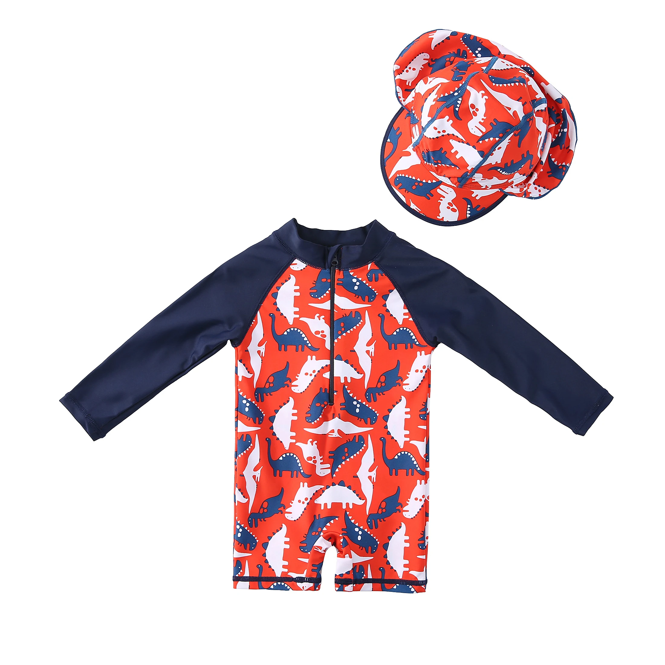 Long Sleeves Toddler Boys Swimwear Summer UPF50+ Fabric Baby Boy Swimwear Beachwear With Hat
