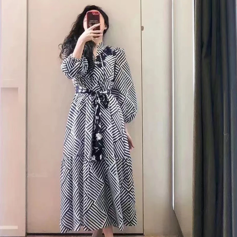 Women Dress 2023 Spring and Summer New Geometric Print Pullover V-neck Silk Cotton Dress