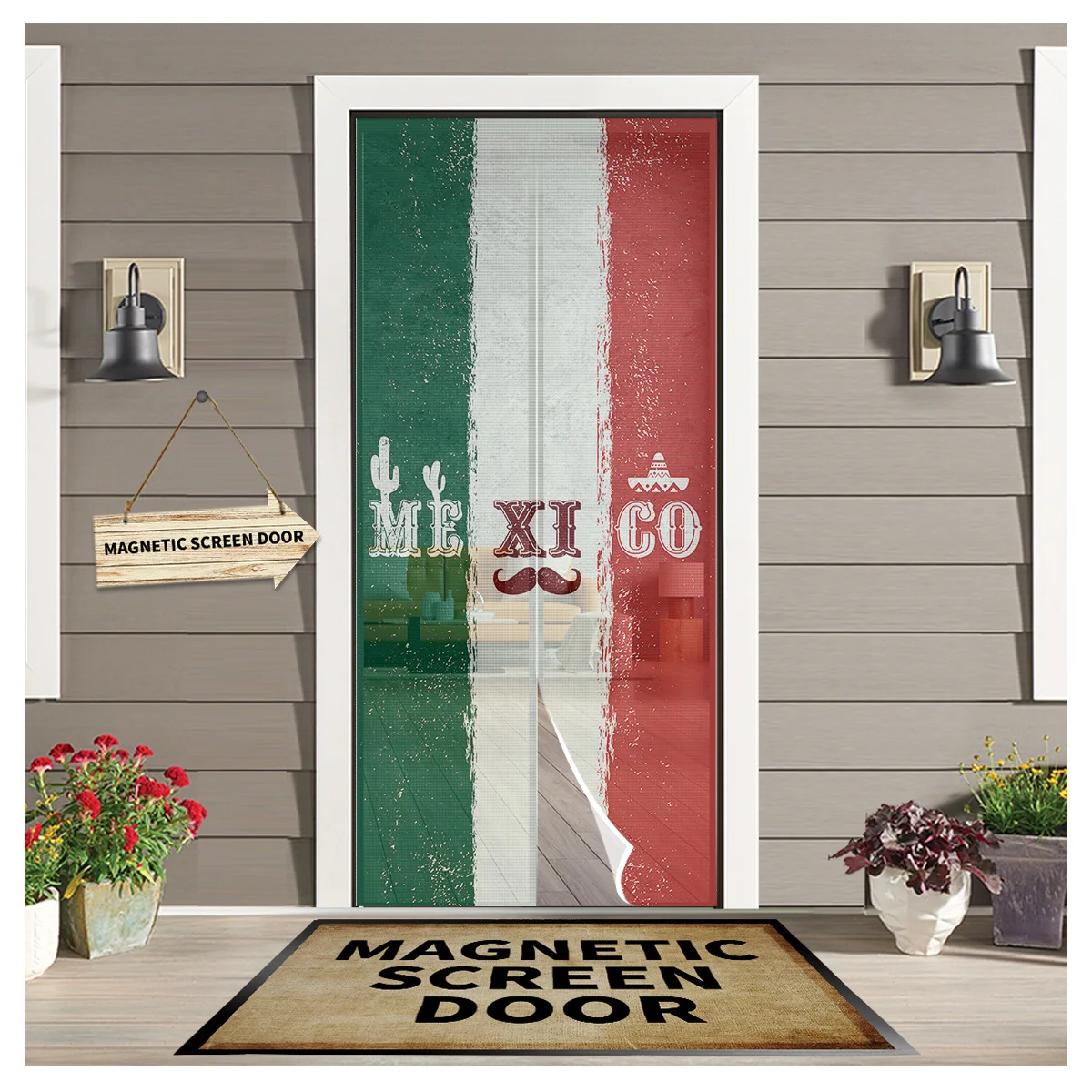 

Mexico Flag Cactus Beard Magnetic Mosquito Screen Door Curtain Anti Insect Door Mesh Automatic Closing Kitchen Curtain Panels