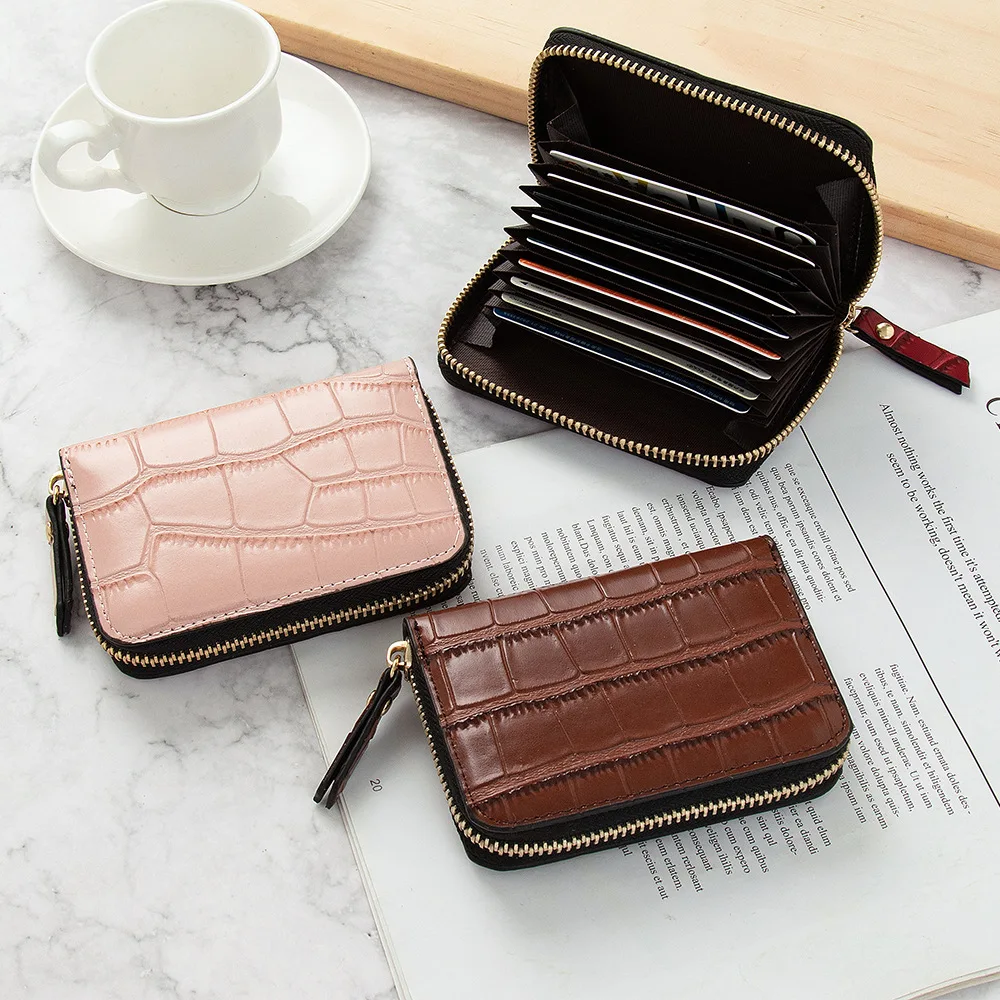 

Women Slim Business Card Holder Pu Leather Crocodile Stripe Credit Card Wallet Bag Zipper Card Holder Case Coin Purse