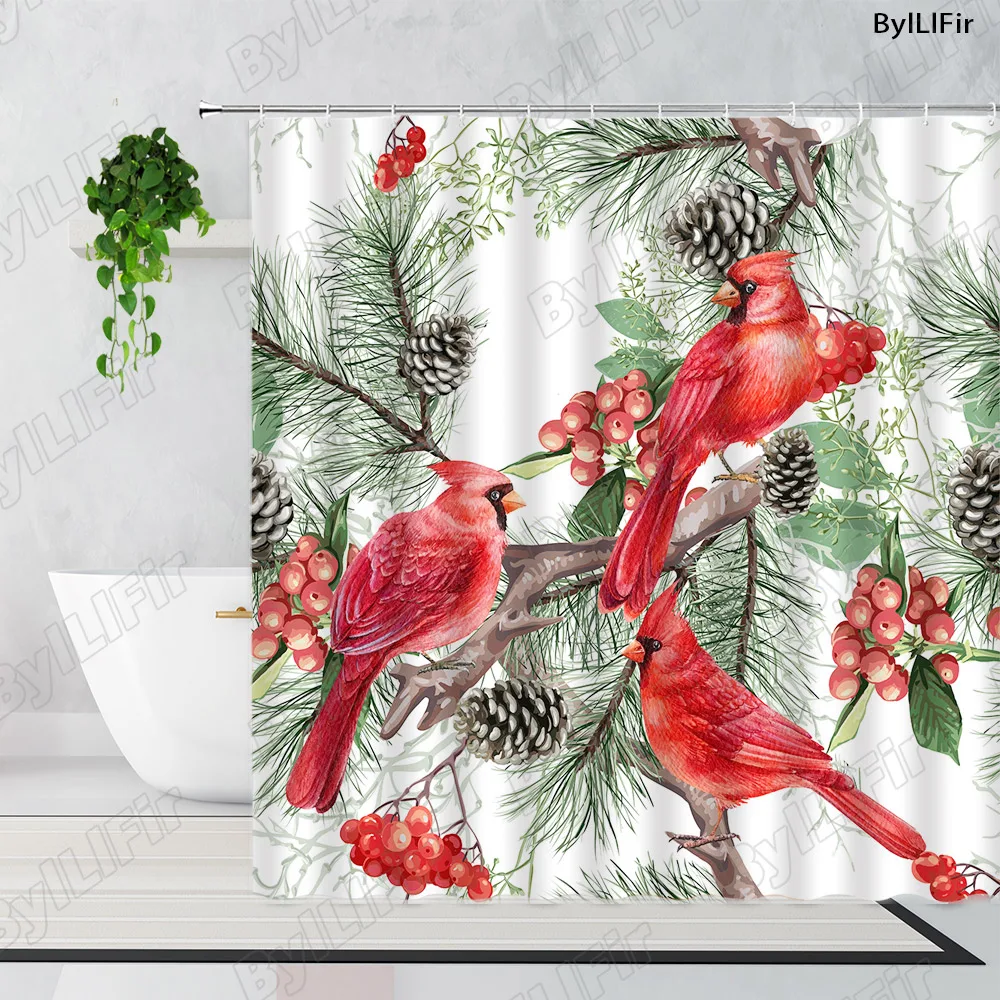 

Занавеска для ванной комнаты с красными птицами, декор в виде ветки ягод и сосны, ткань для дома на Новый год и Рождество, Настенная висячая з...